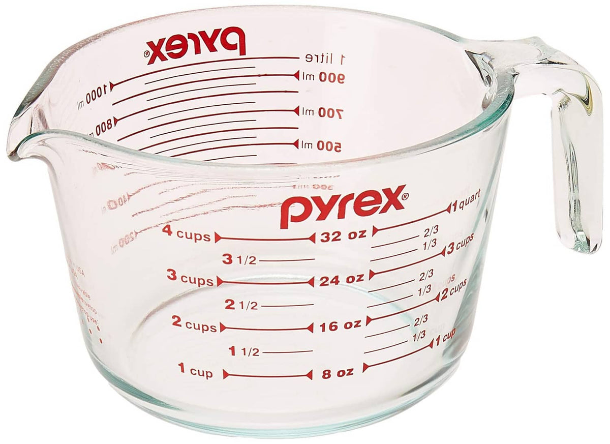 Pyrex glass measuring cup, 4-cup (32 oz) with red volume markings and handle