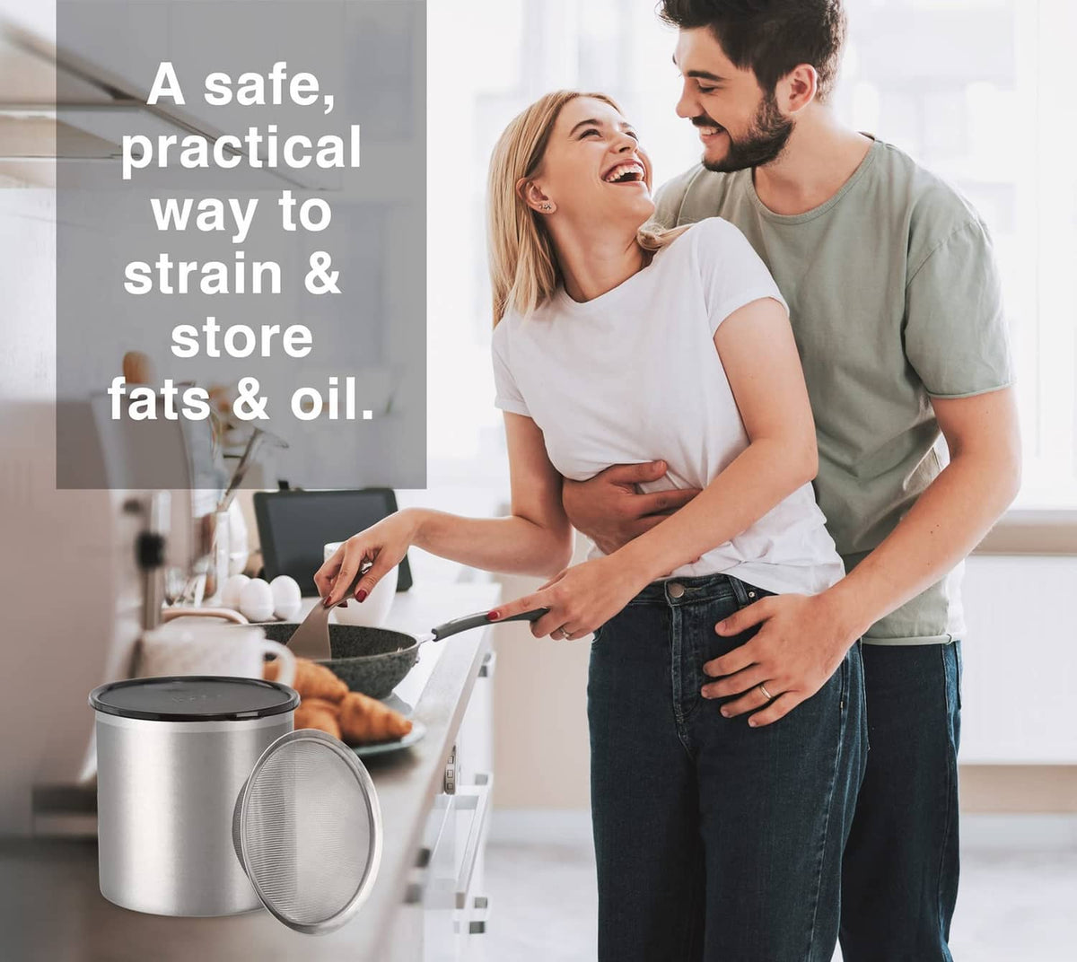 Stainless steel oil storage container with lid and strainer on countertop display