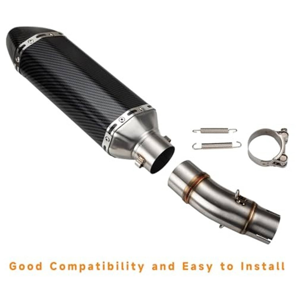 Carbon-fiber style motorcycle muffler mid pipe with stainless fittings and mounting clamp