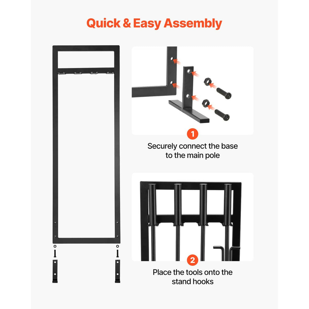 Black fireplace tool set components: square stand and four tools shown for assembly