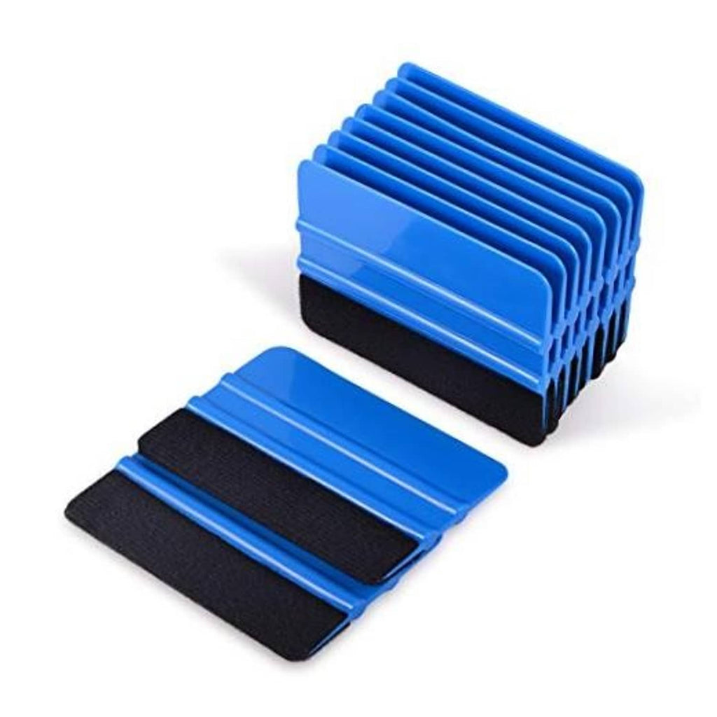 Blue vinyl squeegee set showing stacked scrapers and two black felt-edged pads