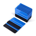 Blue vinyl squeegee set showing stacked scrapers and two black felt-edged pads