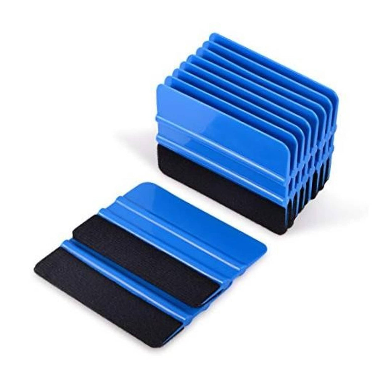 Blue vinyl squeegee set showing stacked scrapers and two black felt-edged pads