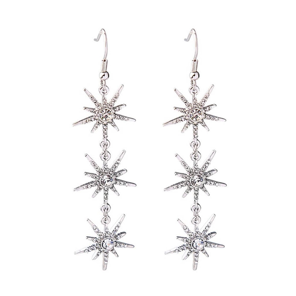 Crystal snowflake dangle earrings, silver-toned with three dangling snowflakes