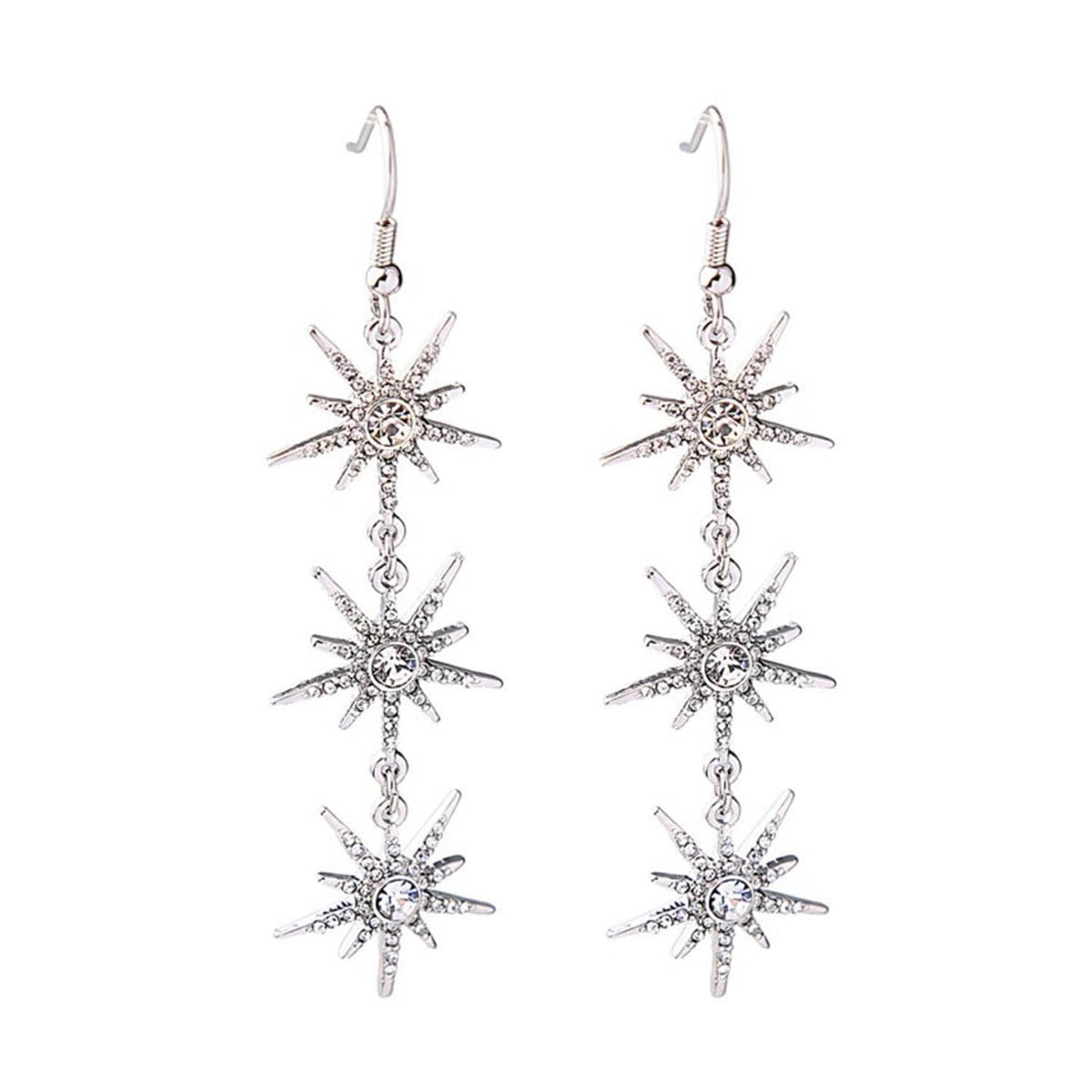 Crystal snowflake dangle earrings, silver-toned with three dangling snowflakes