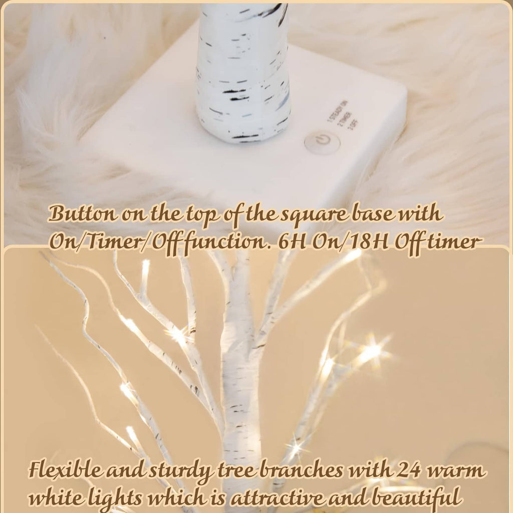 Birch tree decoration base with warm white LED lights and lit branches