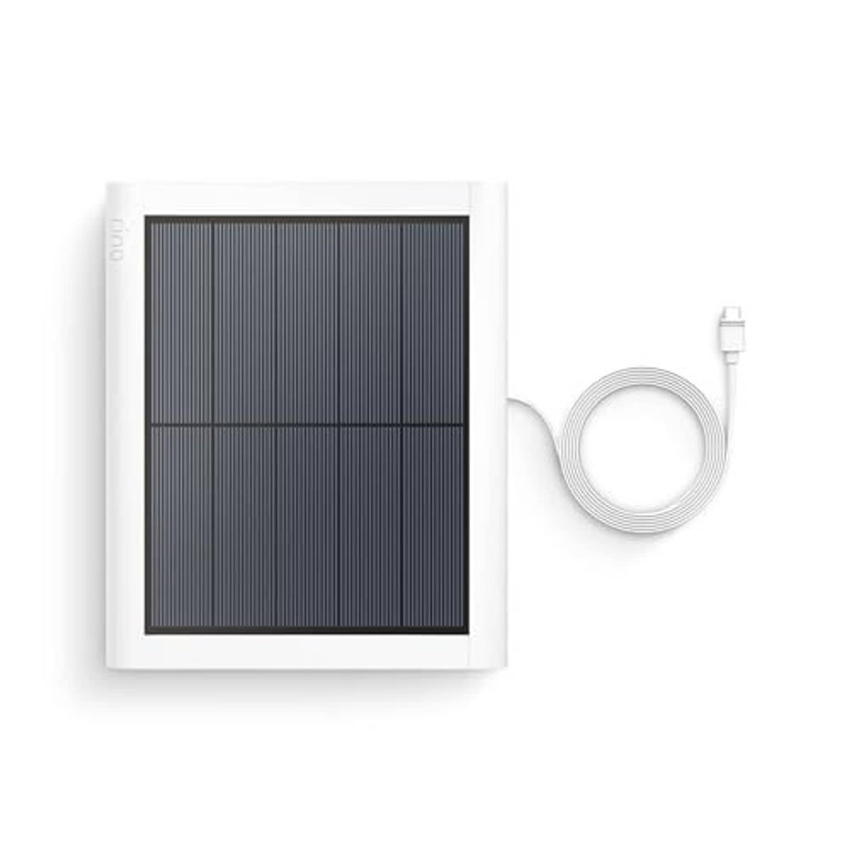 White solar panel with black grid and connected white cable
