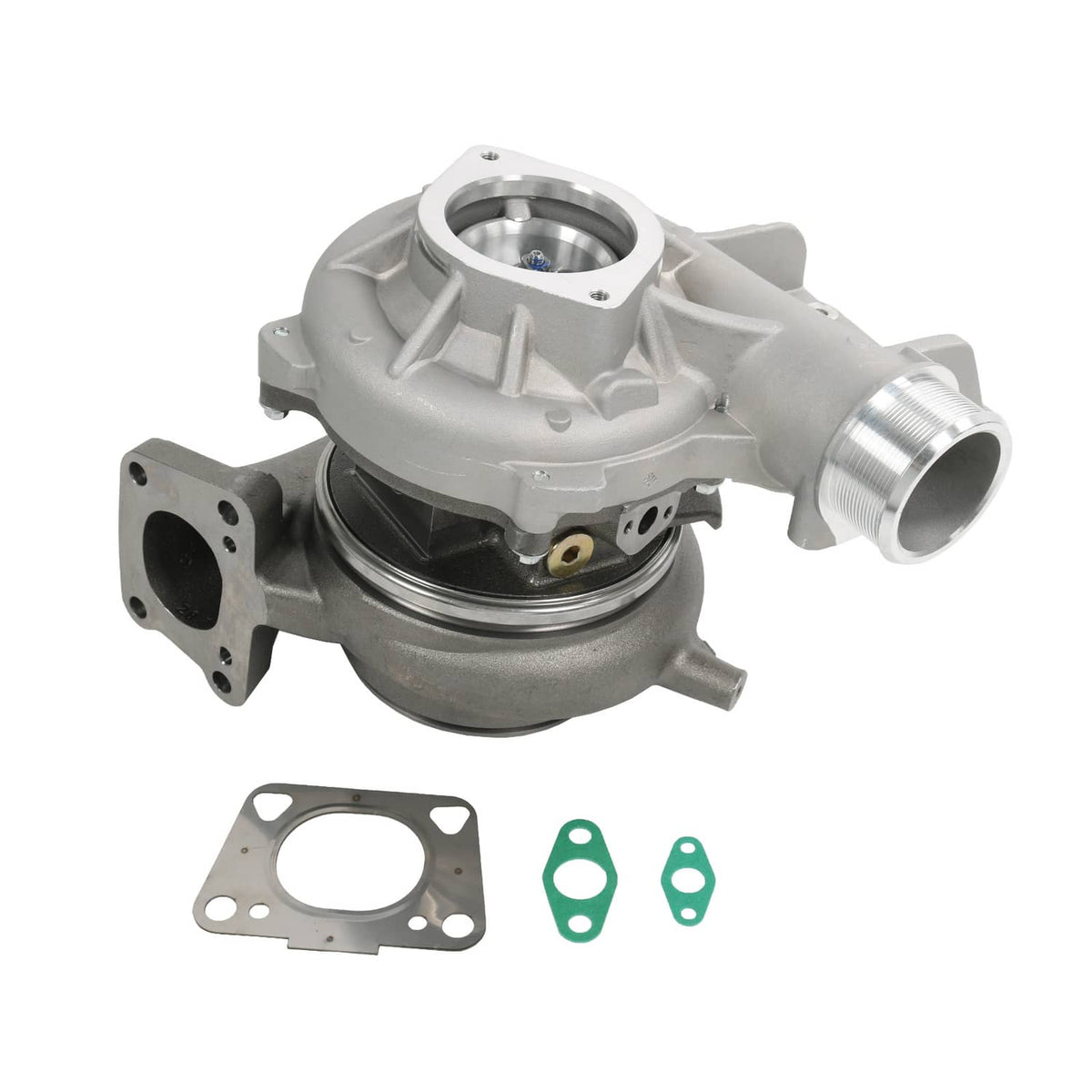 Reman turbocharger with inlet outlet ports and compressor housing, plus included gaskets