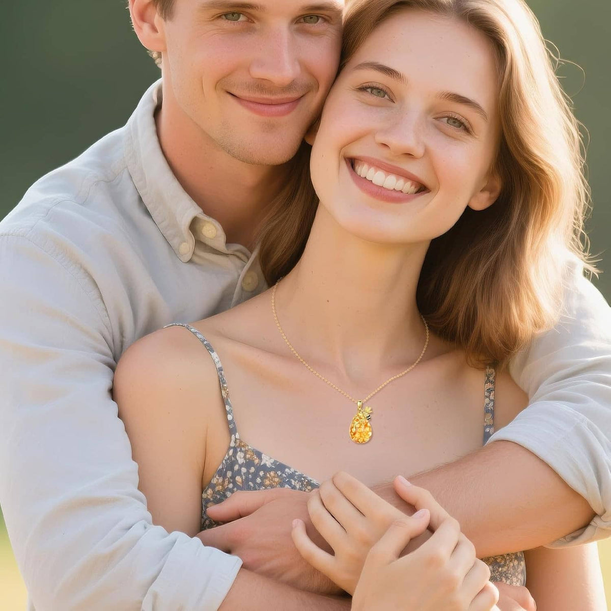 Gold bee pendant necklace on gold-tone chain, worn by smiling couple