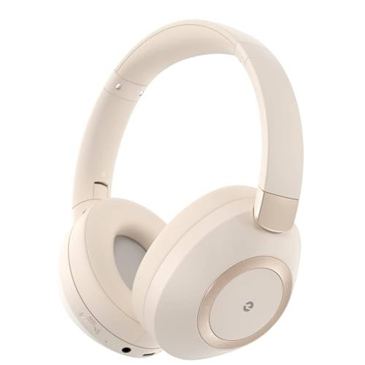 Beige wireless over-ear headphones, front angled view with circular speaker grille