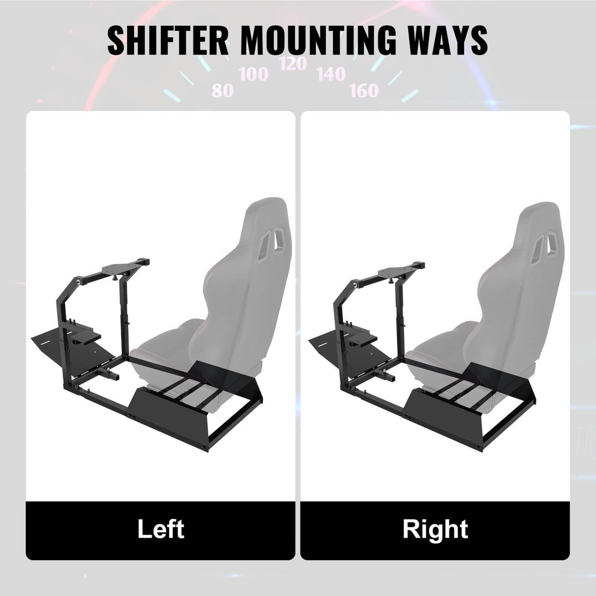 Shifter mounting ways on racing simulator stand: left and right configurations