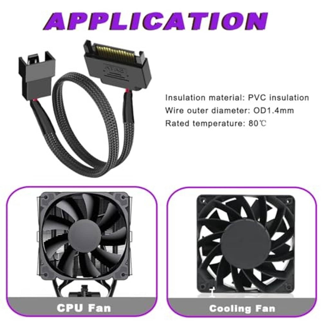 Black braided 15-pin SATA to PC fan adapter cable with two connector ends
