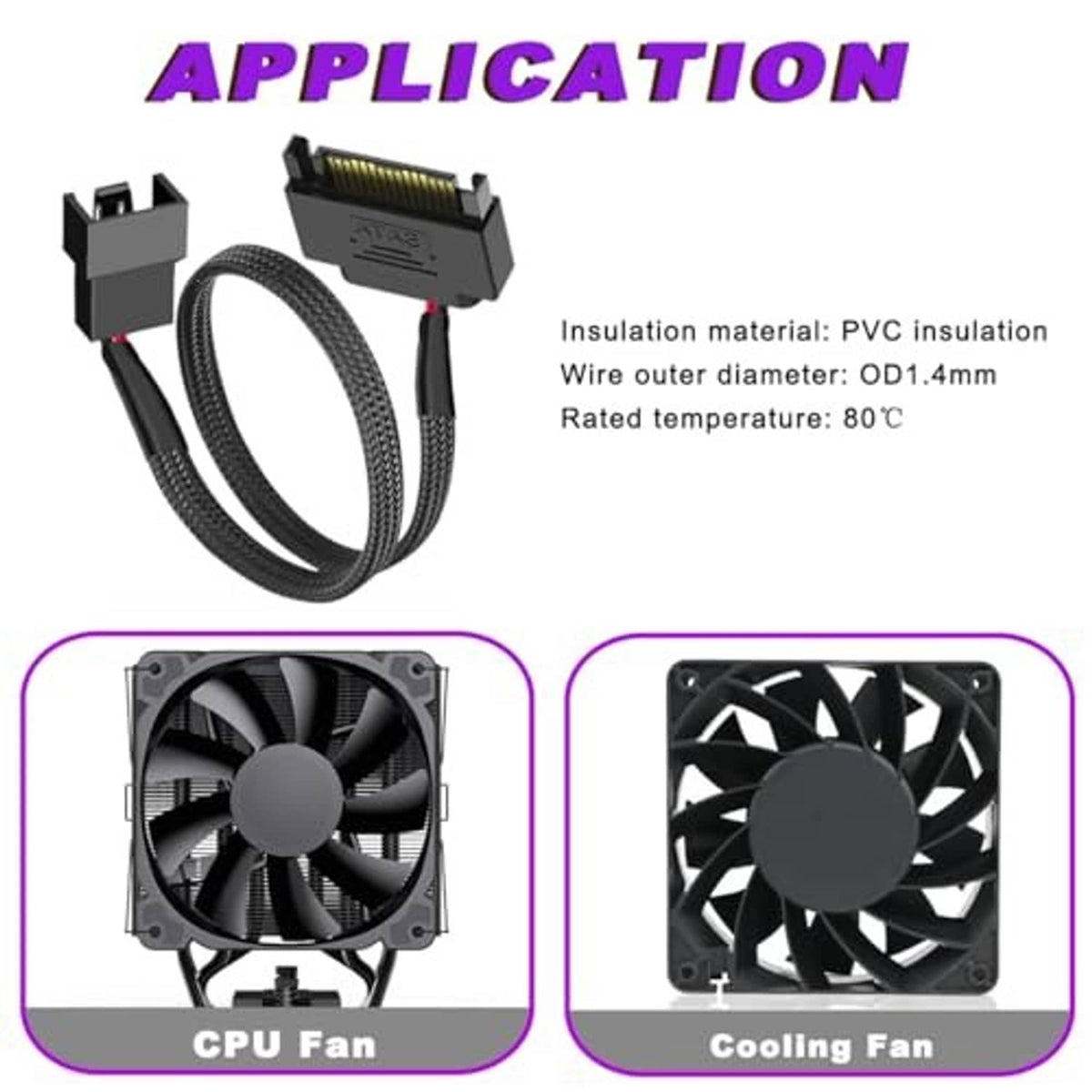 Black braided 15-pin SATA to PC fan adapter cable with two connector ends