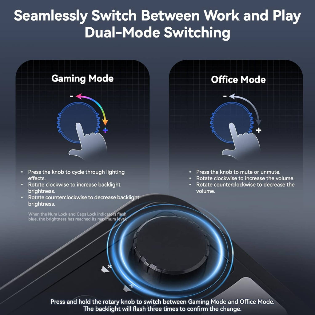 Gaming keyboard with circular volume knob and dual-mode switching graphic.