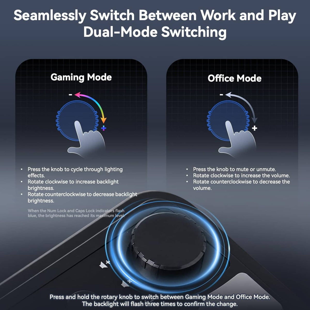 Gaming keyboard with circular volume knob and dual-mode switching graphic.