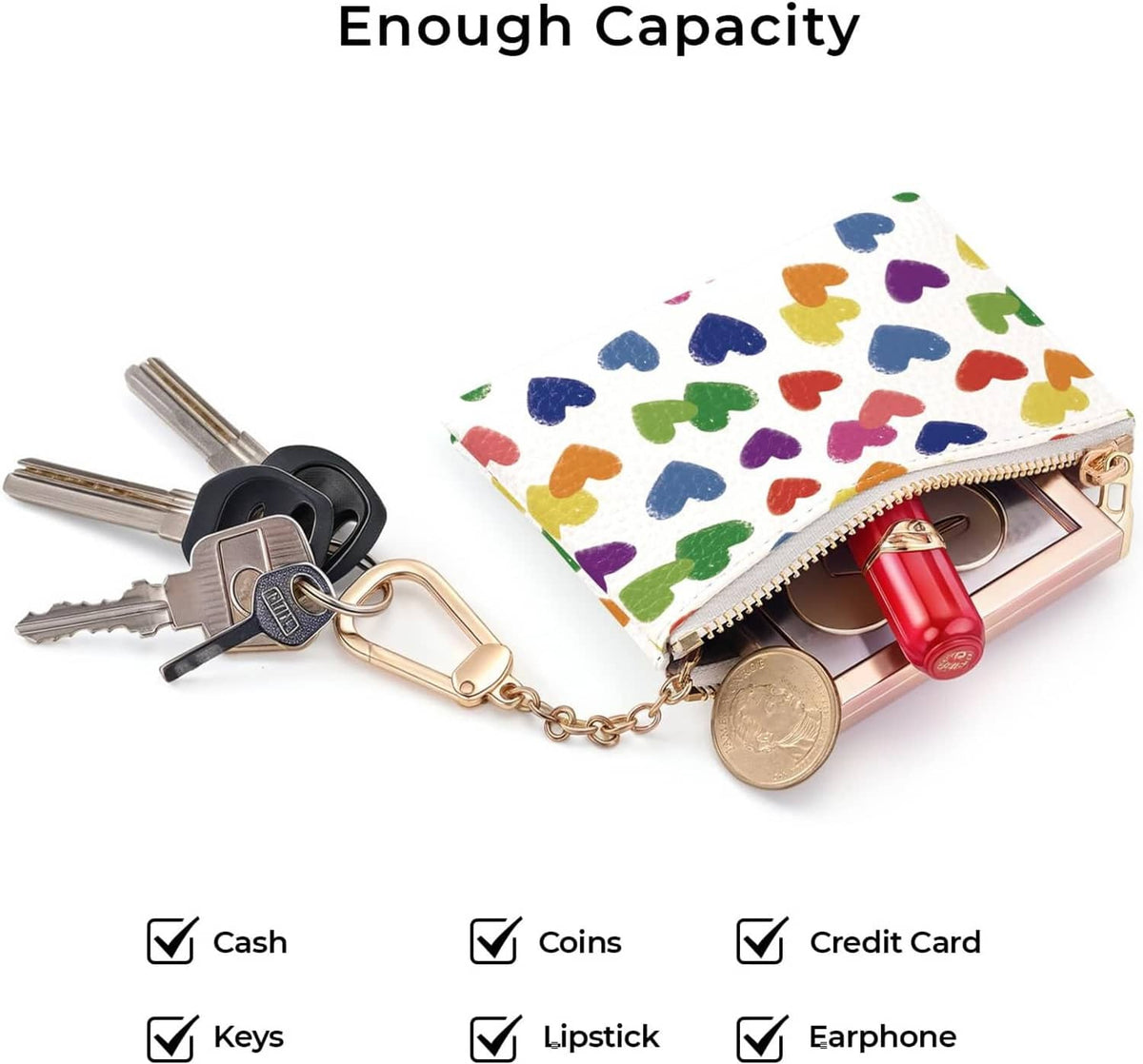 Heart-pattern zip coin purse with gold keychain ring, sized to hold small essentials.