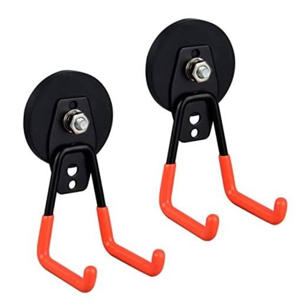 Pair of orange J-shaped magnetic garage hooks with black round bases and steel fastener