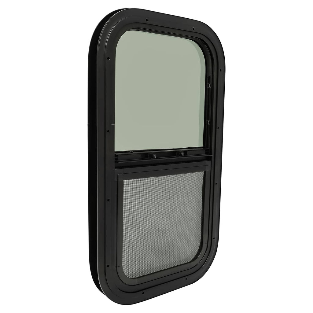 Installed tinted RV window with black frame, top tinted glass and bottom mesh screen