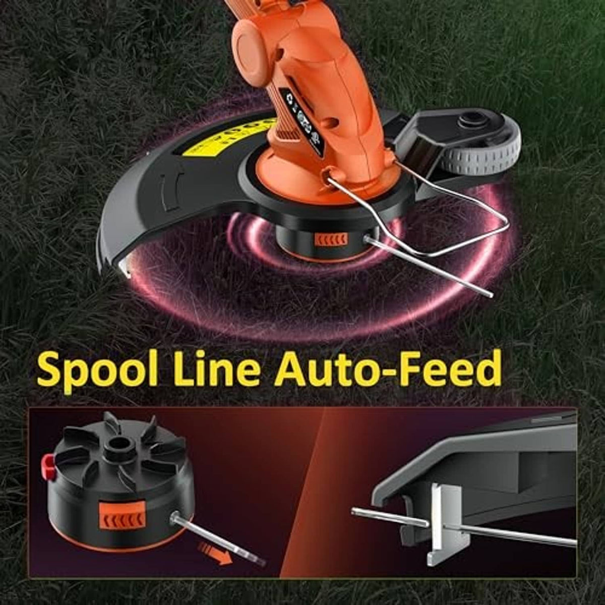 Orange cordless string trimmer cutting head with auto-feed spool line and guards