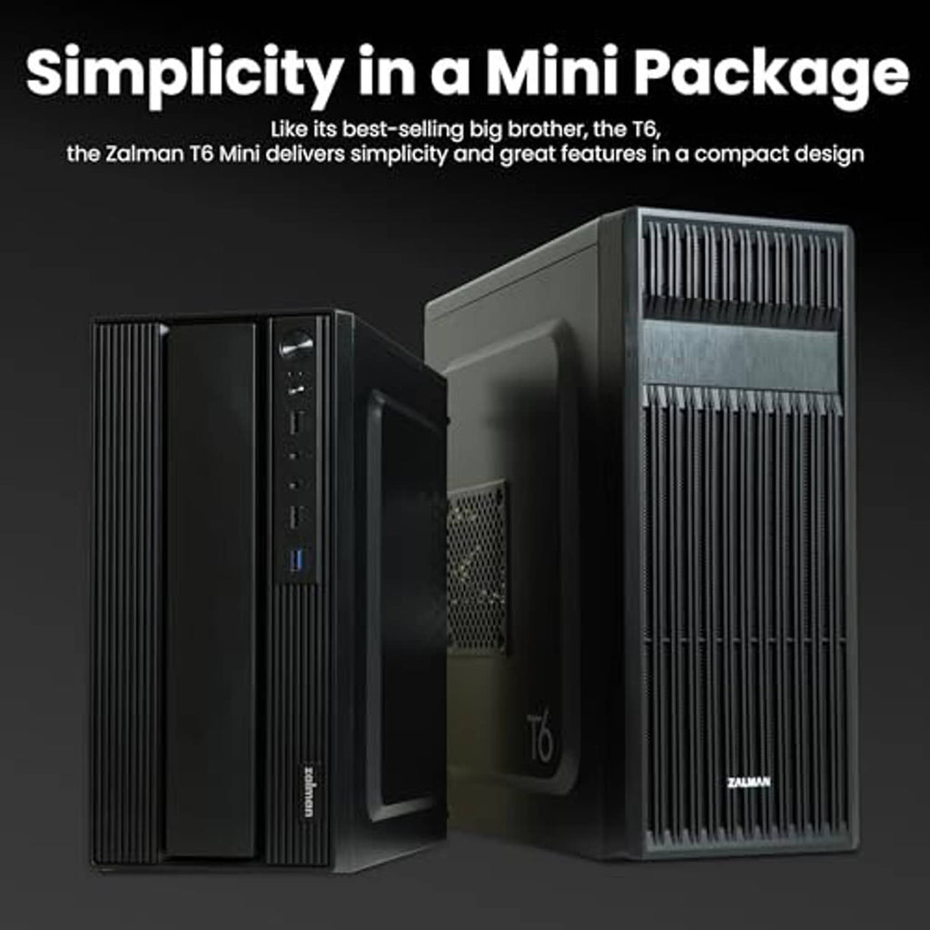 Compact desktop PC case shown closed and open, matte black with tall ribbed front