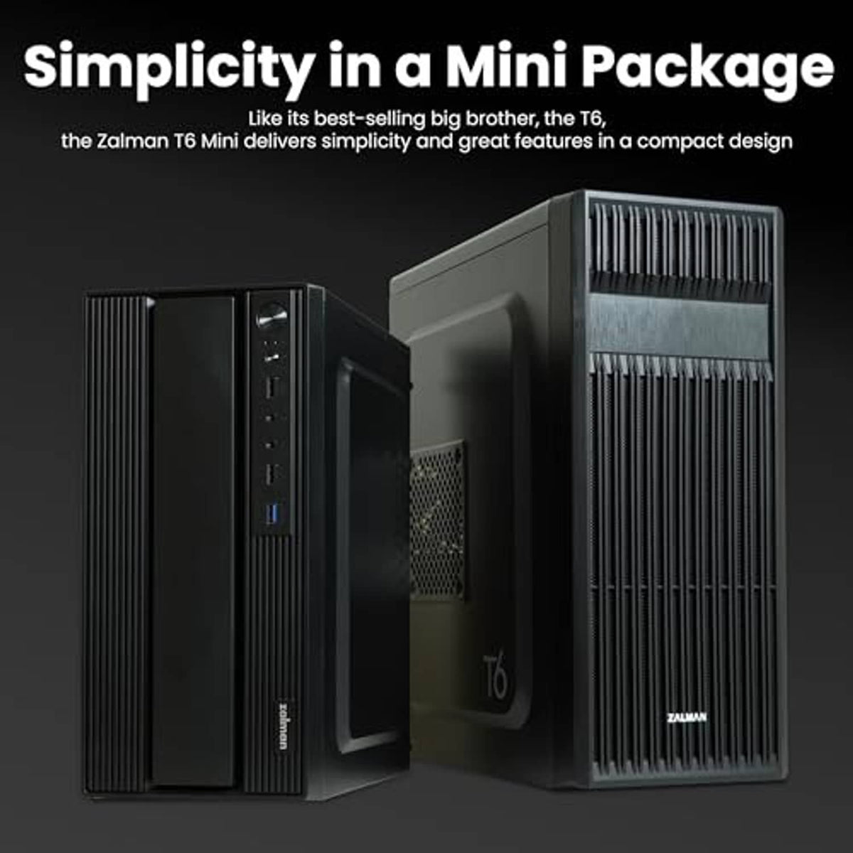 Compact desktop PC case shown closed and open, matte black with tall ribbed front