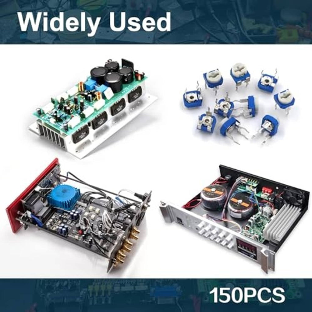 Potentiometer assortment kit used with a circuit board and multiple blue potentiometers