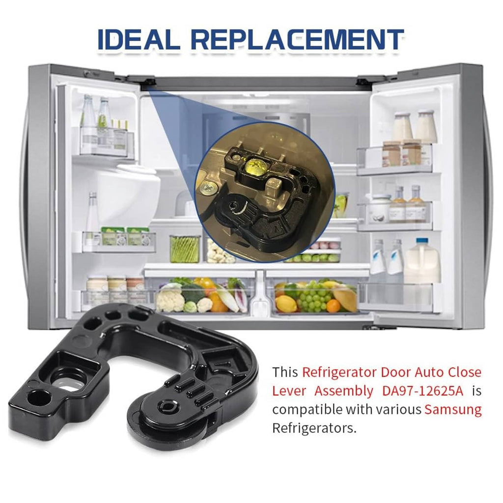 Black refrigerator auto-close lever assembly with mounting bracket and curved roller arm