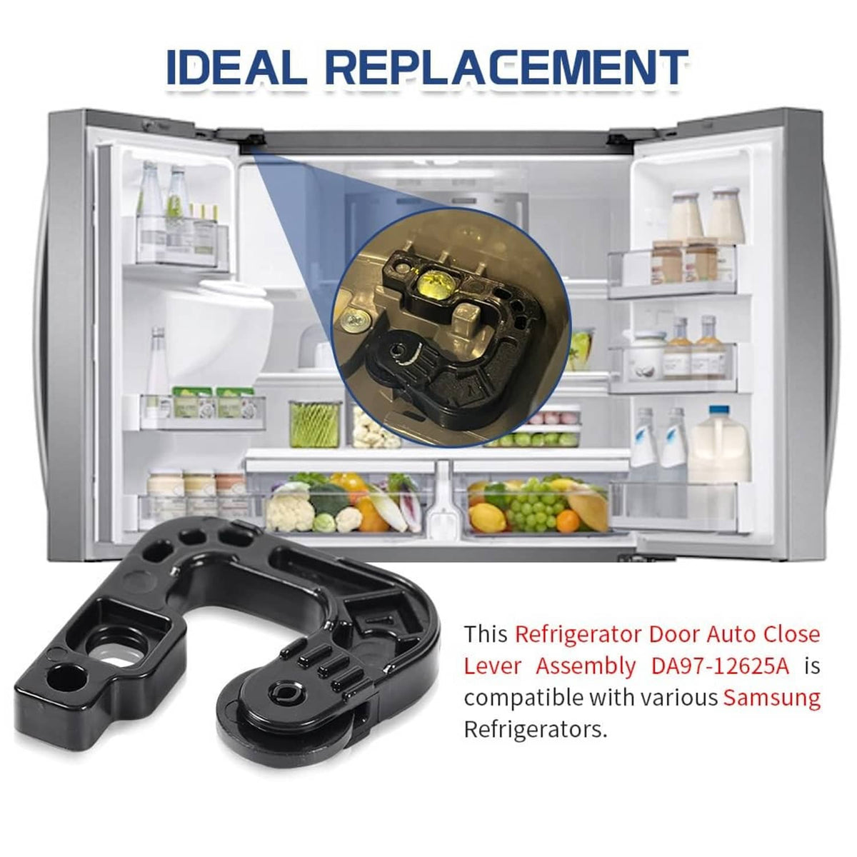Black refrigerator auto-close lever assembly with mounting bracket and curved roller arm