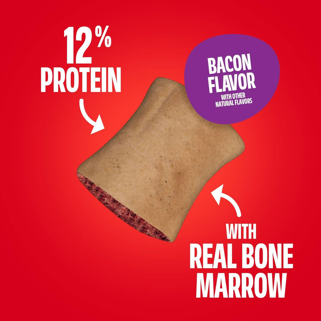 Dog treat graphic: 12% protein, bacon flavor with real bone marrow