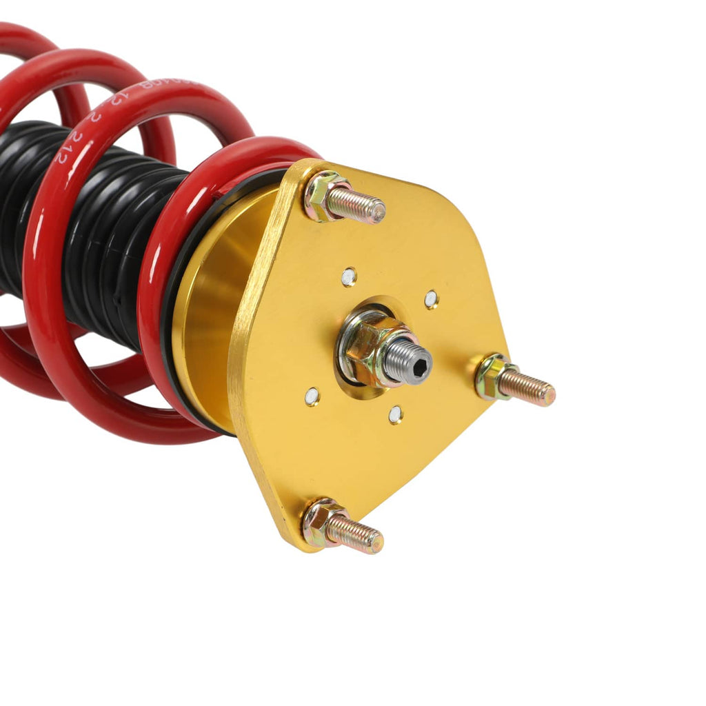 Adjustable coilover suspension strut with red spring and gold mounting plate