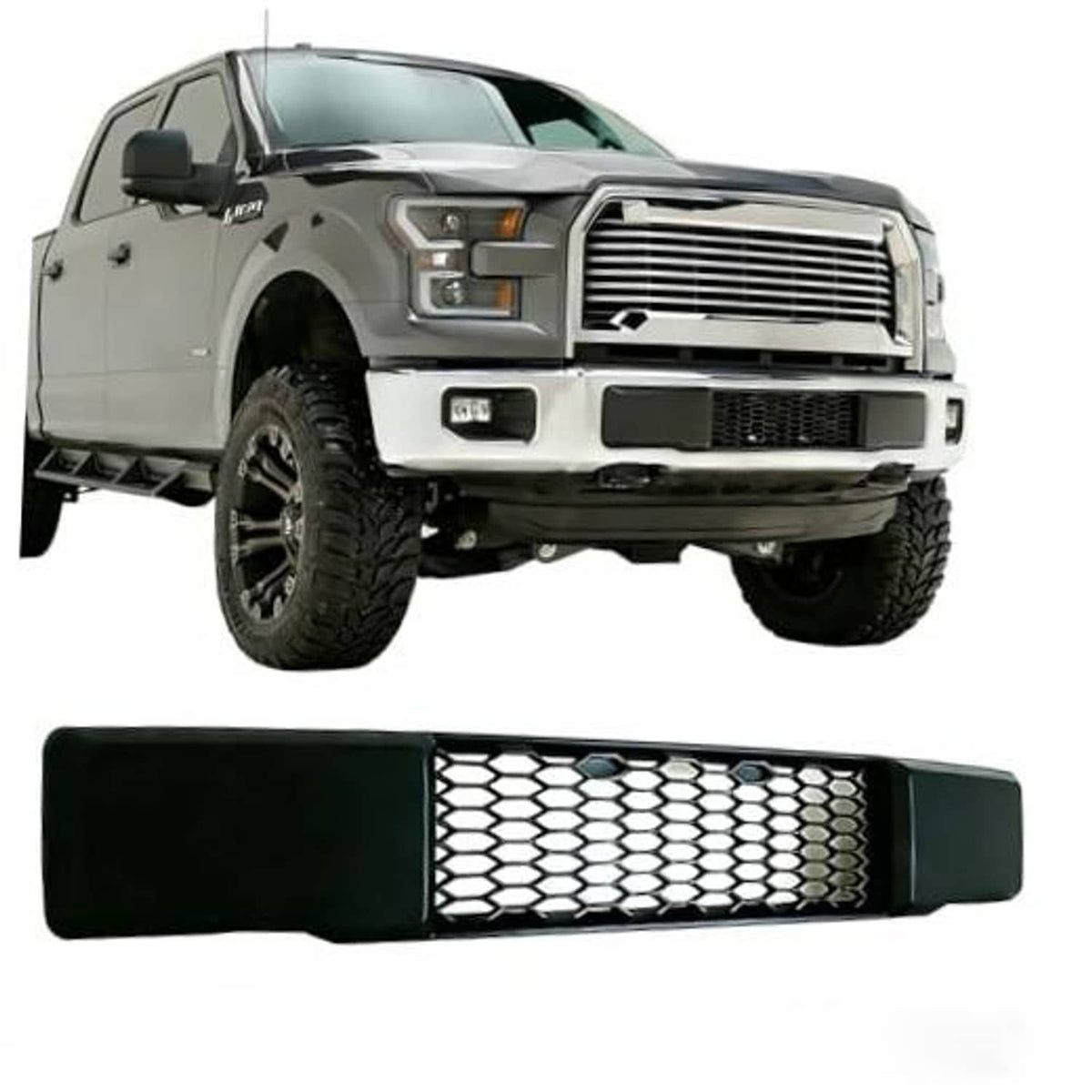 Black lower center mesh grille insert with hex pattern, matte finish