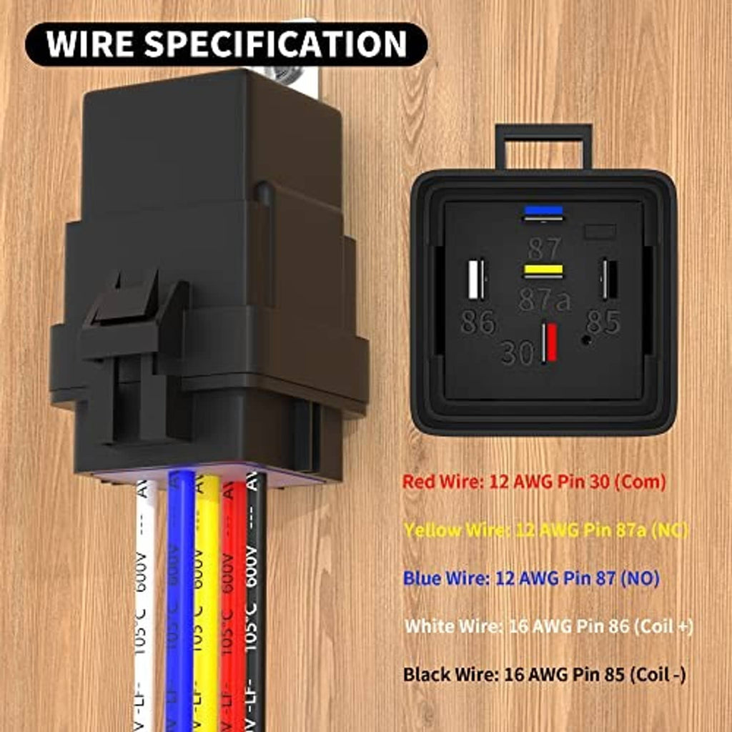 Relay wiring harness with color-coded leads and labeled pins for 12V circuits