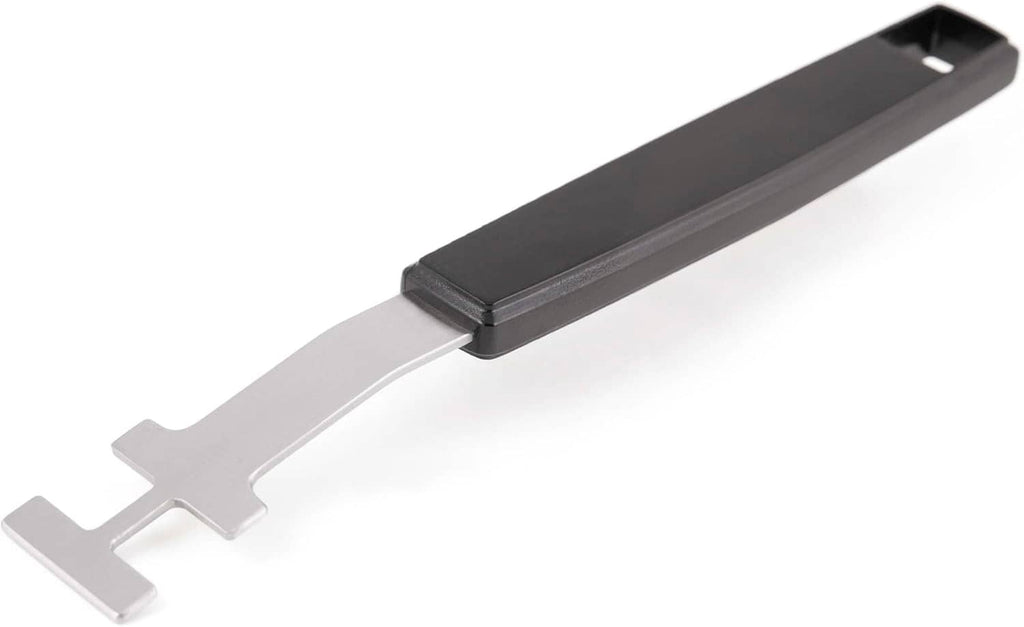 Grid lifter utensil with black handle, silver metal fork, and hook end