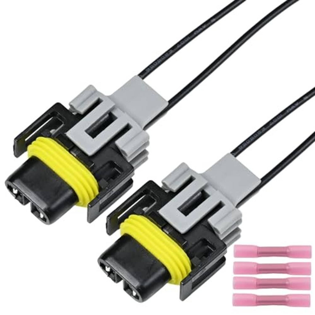Headlight connector pigtail harness with two grey connectors, yellow coil bands, and black leads