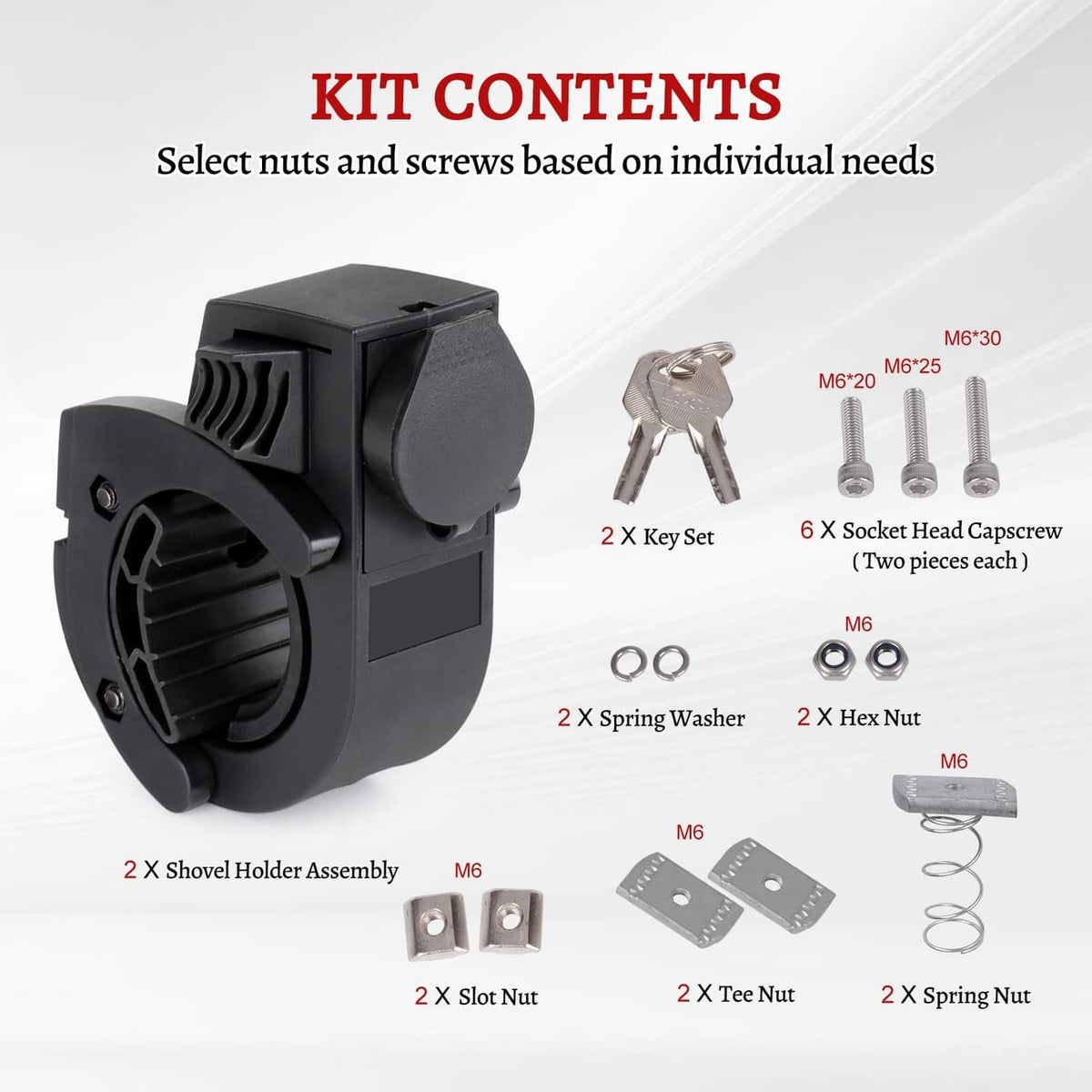 Shovel holder rubber mount kit parts: keys, screws, nuts, and springs (black)