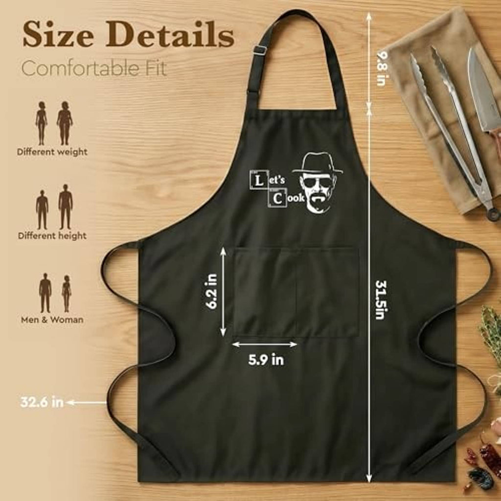 Black apron with “Let’s Cook” graphic; size diagram shows fit and proportions