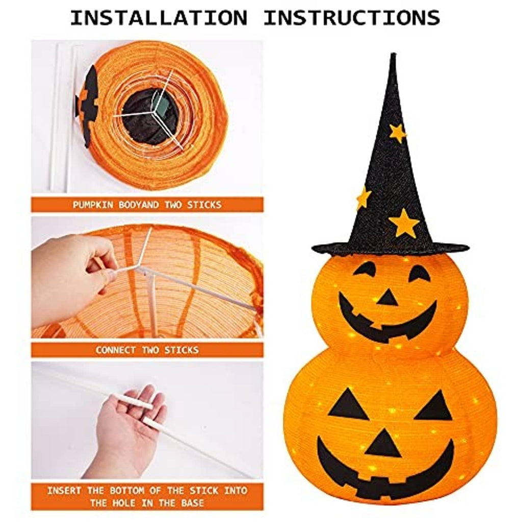 Pre-lit Halloween pumpkin decoration with black witch hat and orange star accents