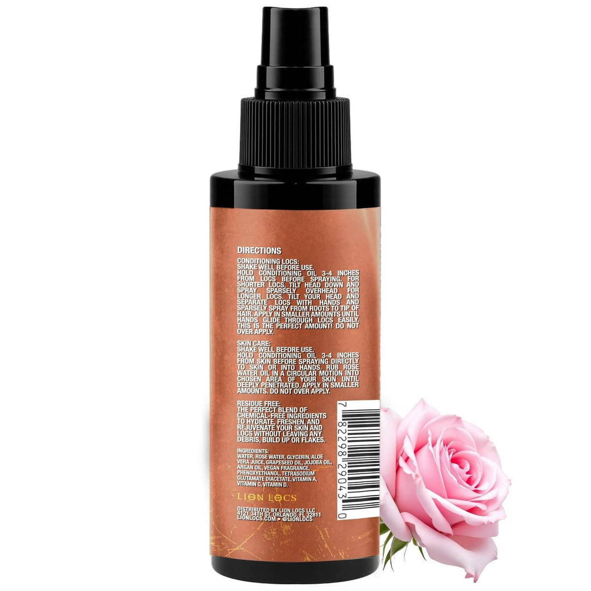 Rosewater moisturizing spray bottle back label with barcode, black pump, rose accents.