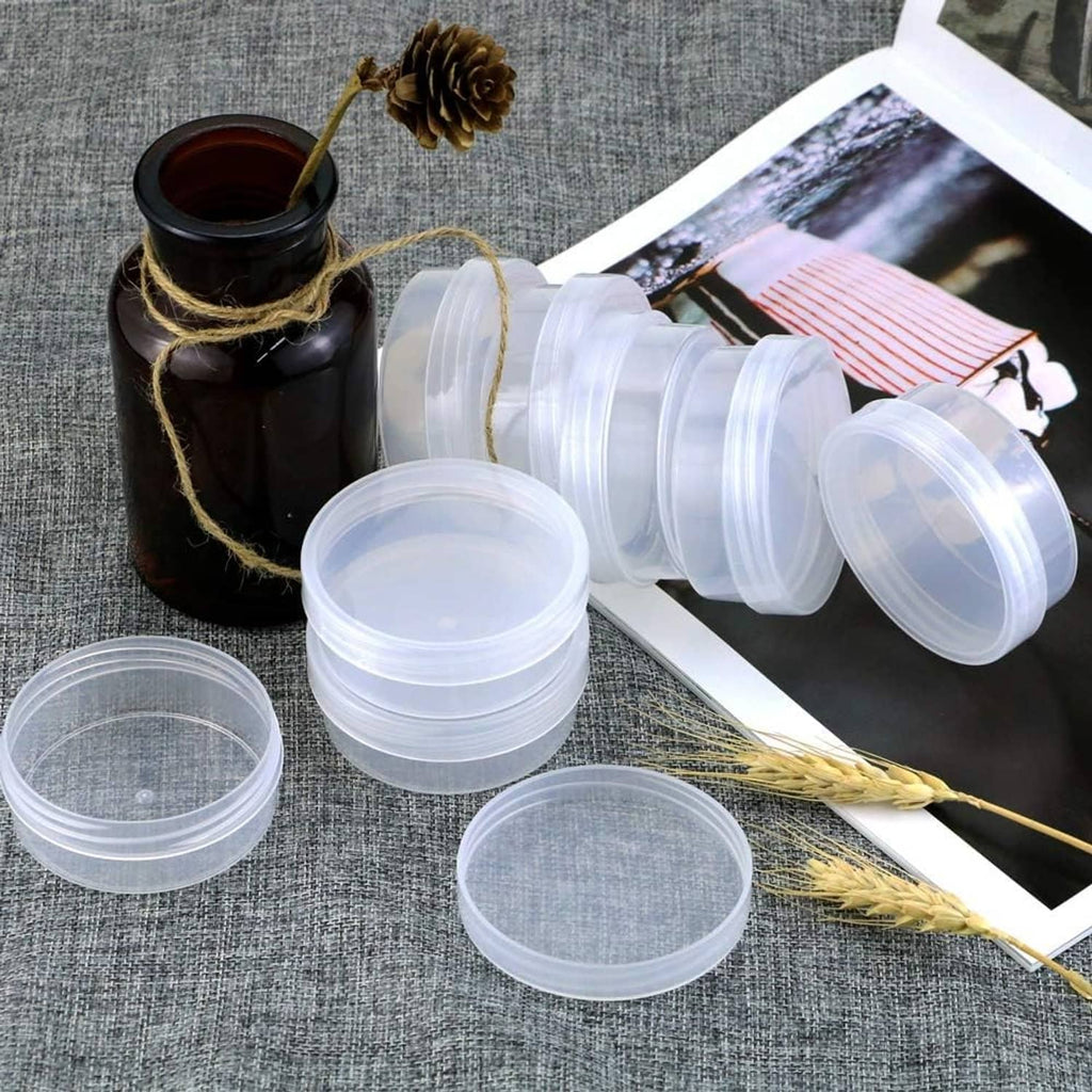 Round clear frosted plastic jar containers, set of small stacked cups
