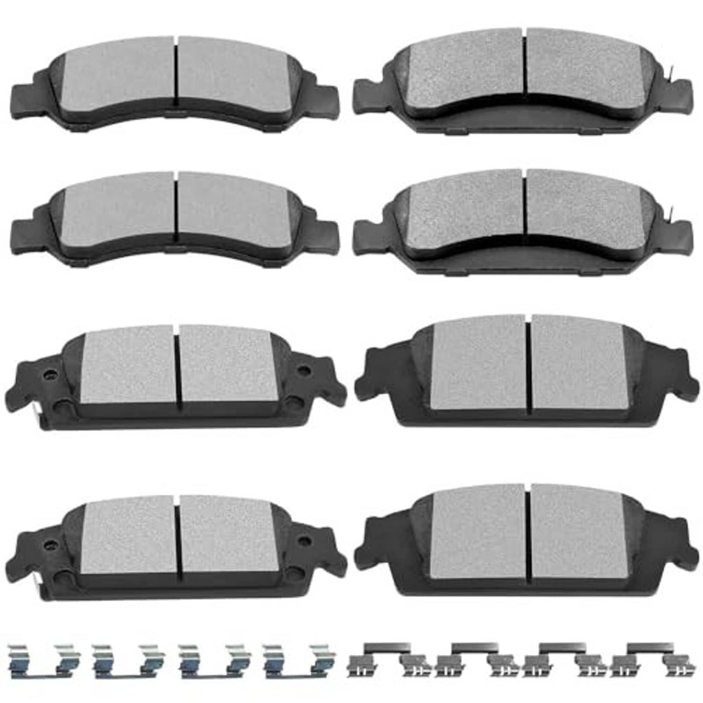 Brake pad set showing six gray pads with black backing and mounting hardware clips