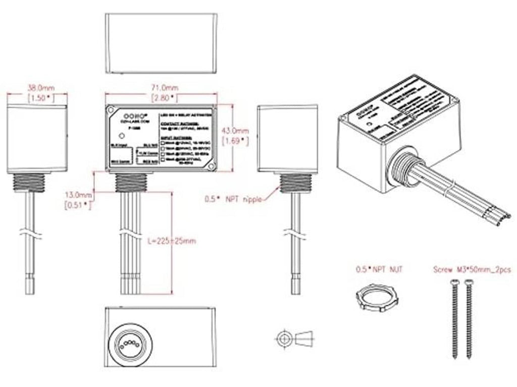 Relay module dimensions diagram showing wiring terminal layout and mounting details.