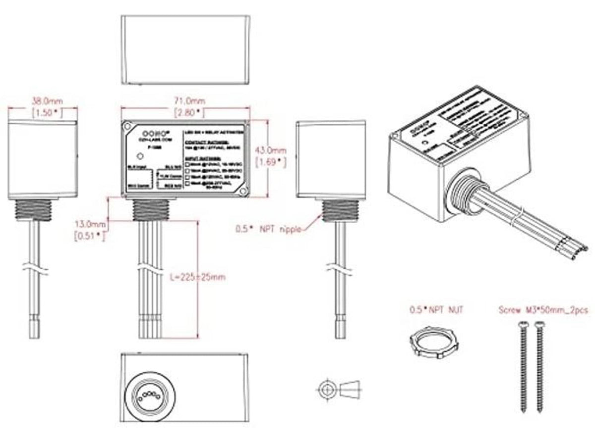 Relay module dimensions diagram showing wiring terminal layout and mounting details.