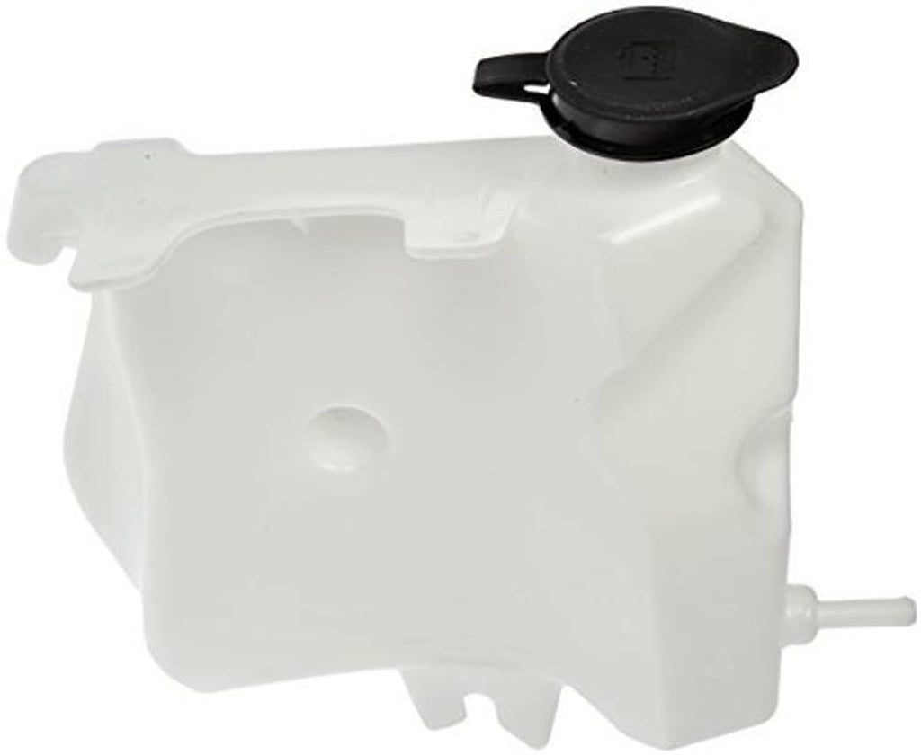 Non-pressurized coolant reservoir with black cap on white tank, side hose connector