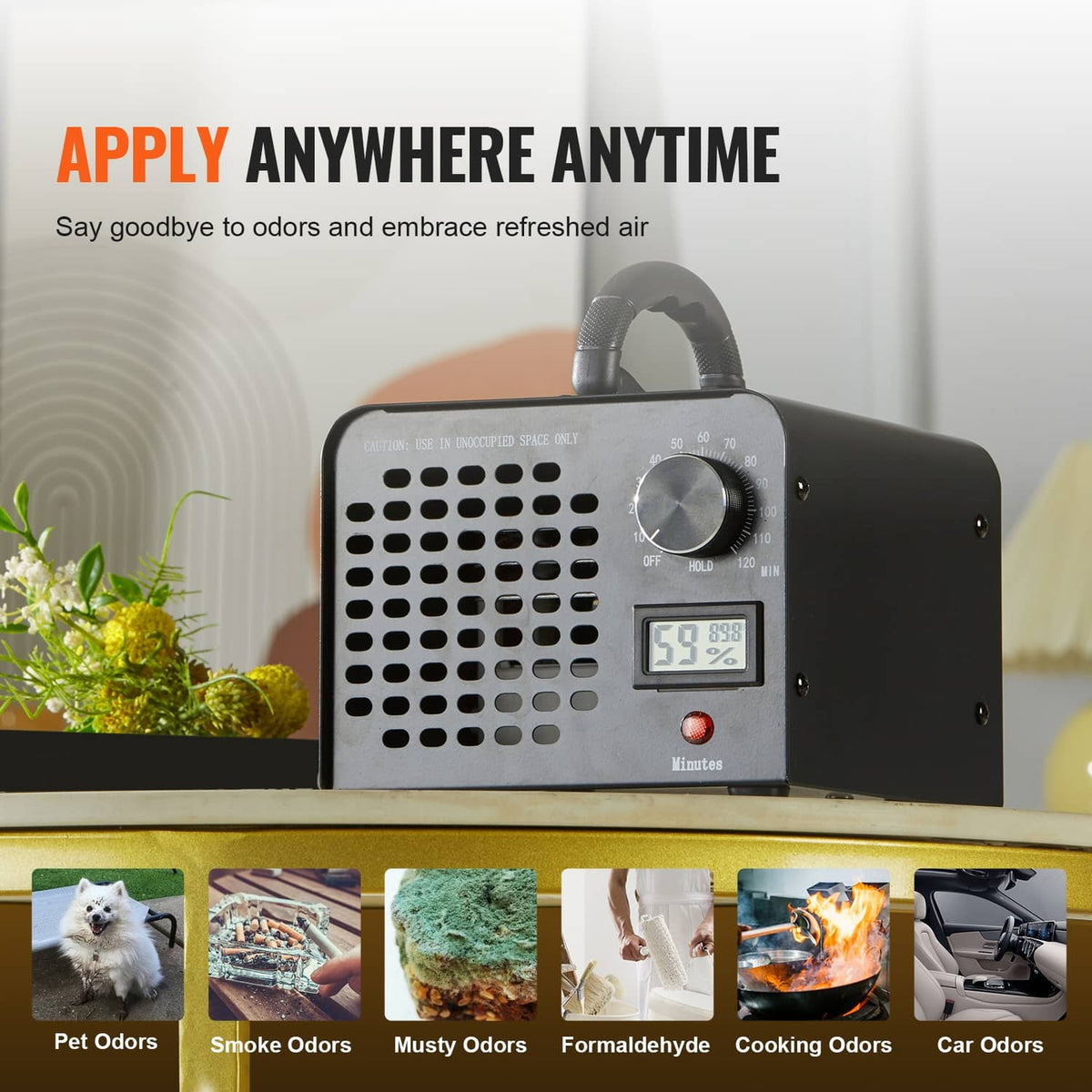 Ozone generator machine on tabletop with handle, front vents, and digital humidity readout