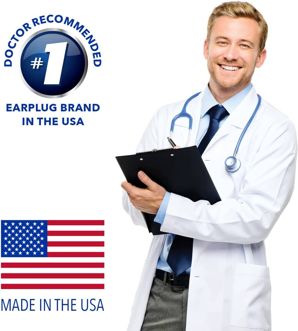 Doctor in lab coat with #1 recommended badge and made in USA earplugs claim