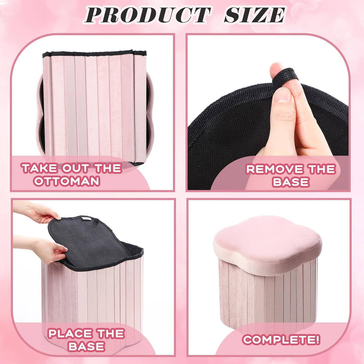Pink velvet storage ottoman with removable base and padded round top