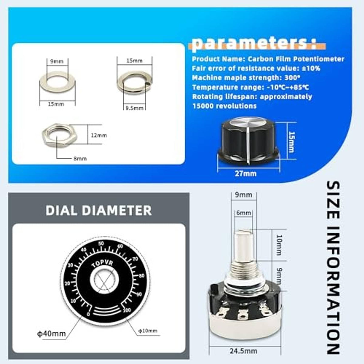 Rotary potentiometer dimension diagram with black knob, dial size, and shaft measurements