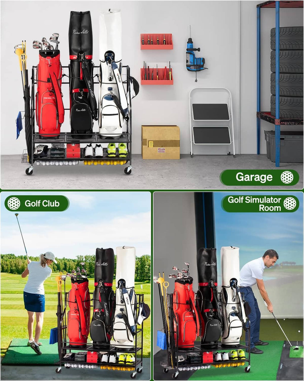 Indoor golf equipment storage rack holding three bags on rolling shelves