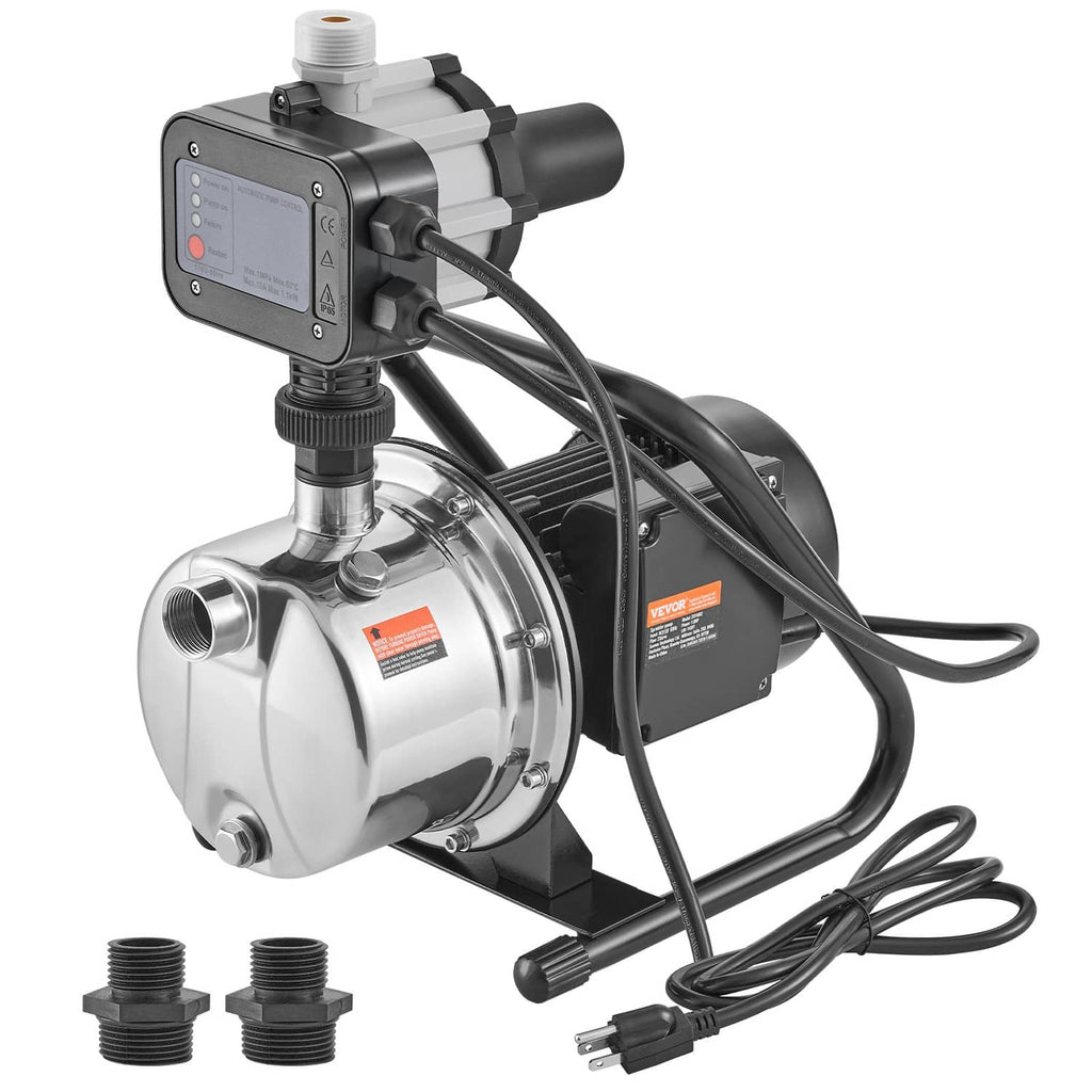 Portable shallow well jet pump with auto controller, stainless pump body and black motor housing.