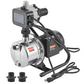 Portable shallow well jet pump with auto controller, stainless pump body and black motor housing.